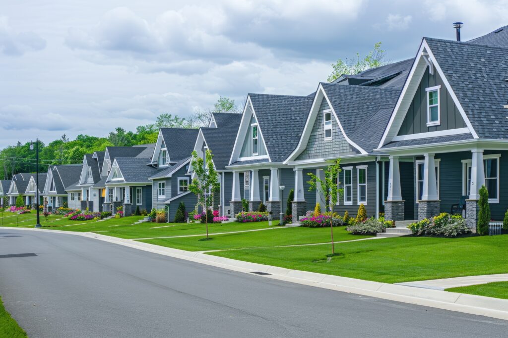 Row of modern suburban houses with gray siding and gable roofs, lush green lawns, and colorful flowerbeds, under a cloudy sky. Calm and orderly setting.