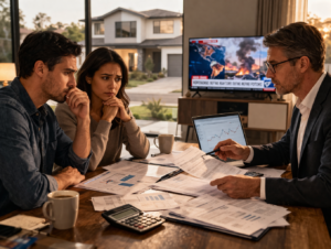 A concerned couple sits with a financial advisor, reviewing documents with graphs. A TV in the background shows news of a wildfire, adding a tense atmosphere.